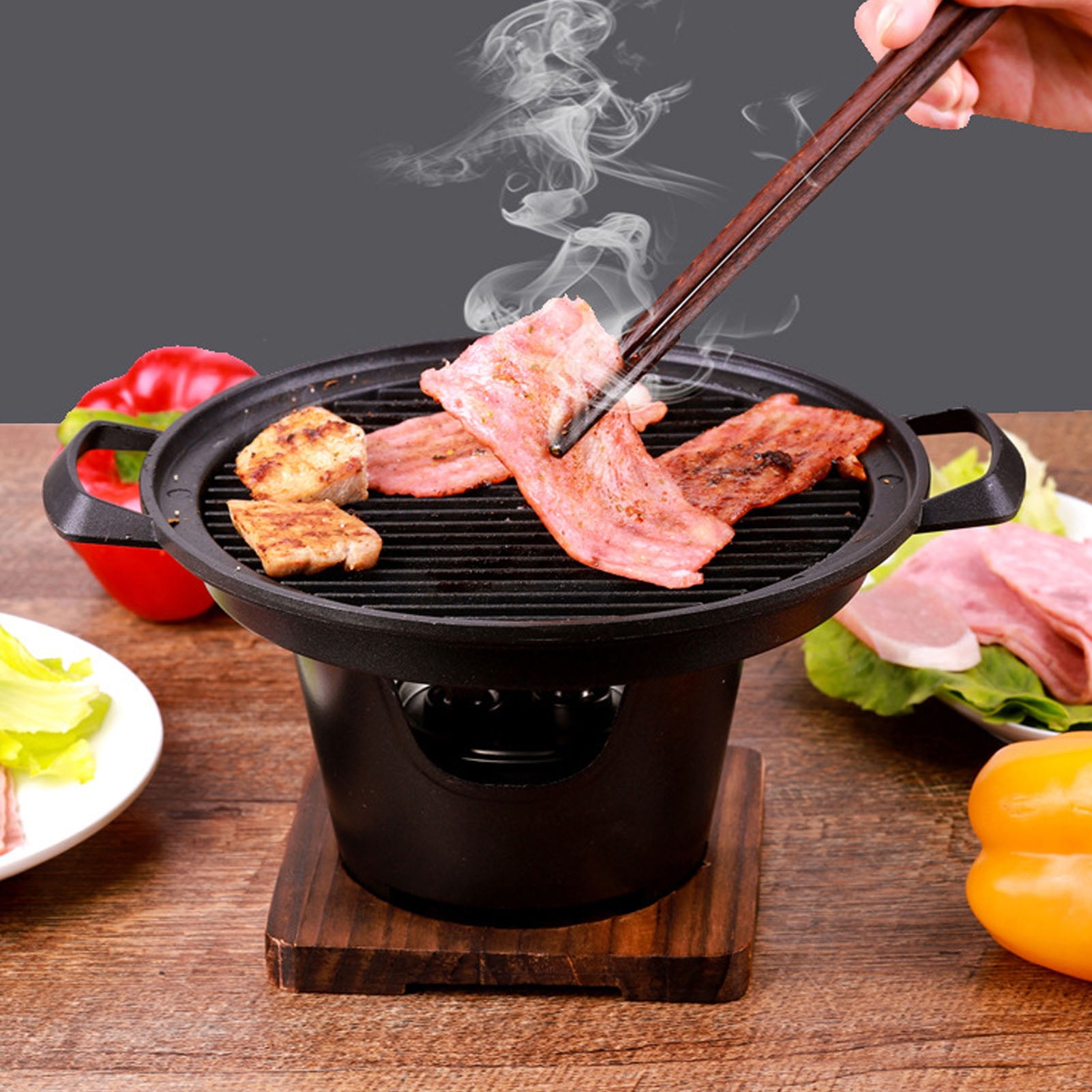 Portable Hibachi Grill Japanese Cast Iron Mini Charcoal Grill with Wooden Base Smokeless Yakiniku Grill Tabletop Grill for Outdoor Camping Support Charcoal Briquettes Alcohol Walmart