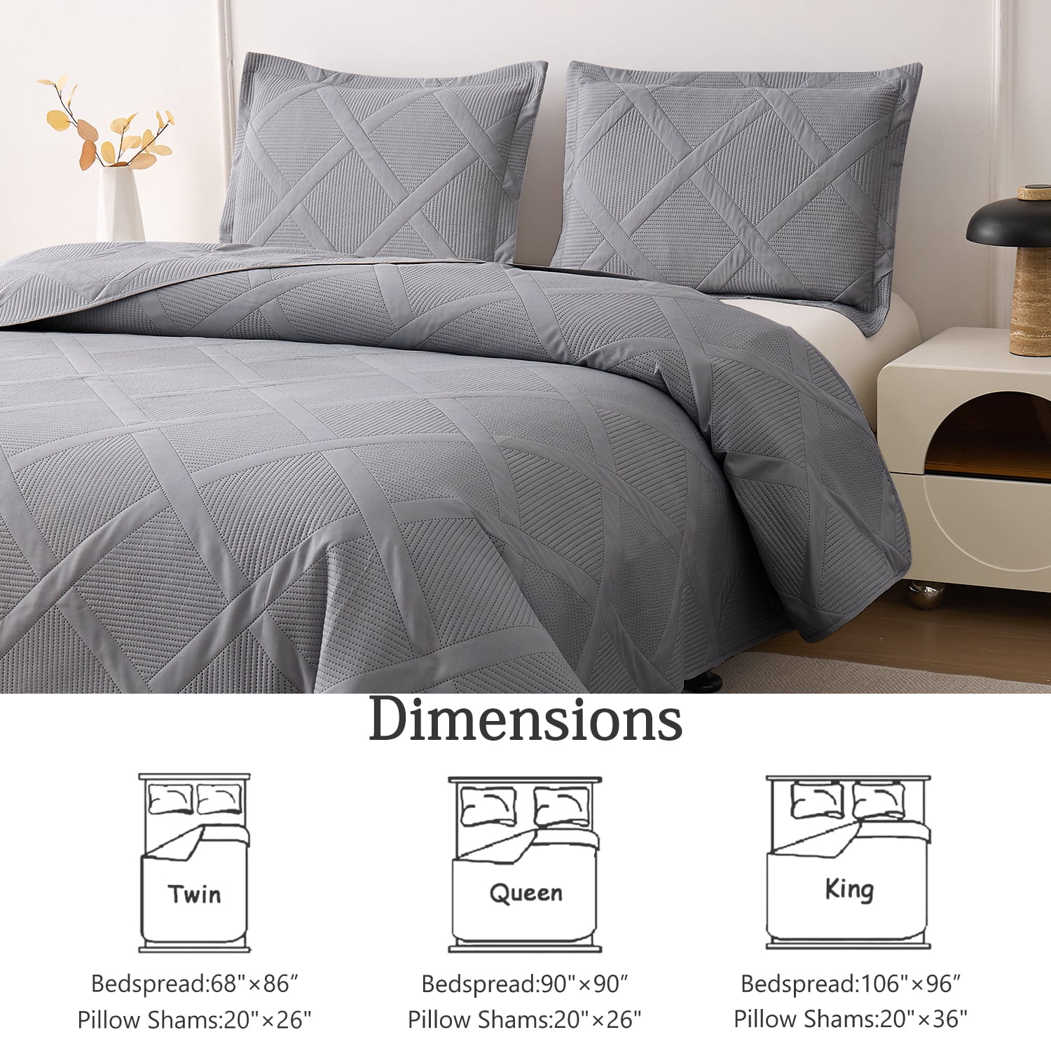 Jessy Home Queen/Full Size Quilts Dark Gray Lightweight Geometric Microfiber Bedspread Coverlet Set