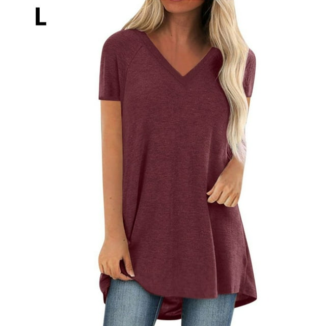 Camiseta casual con cuello en V superior para mujer, paño de verano suelto de lino y algodón, rojo vino, L Scienceny AP001830-35