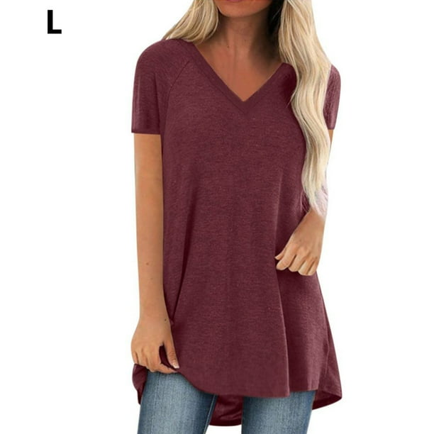 Camiseta casual con cuello en V superior para mujer, paño de verano suelto de lino y algodón, rojo vino, L Scienceny AP001830-35