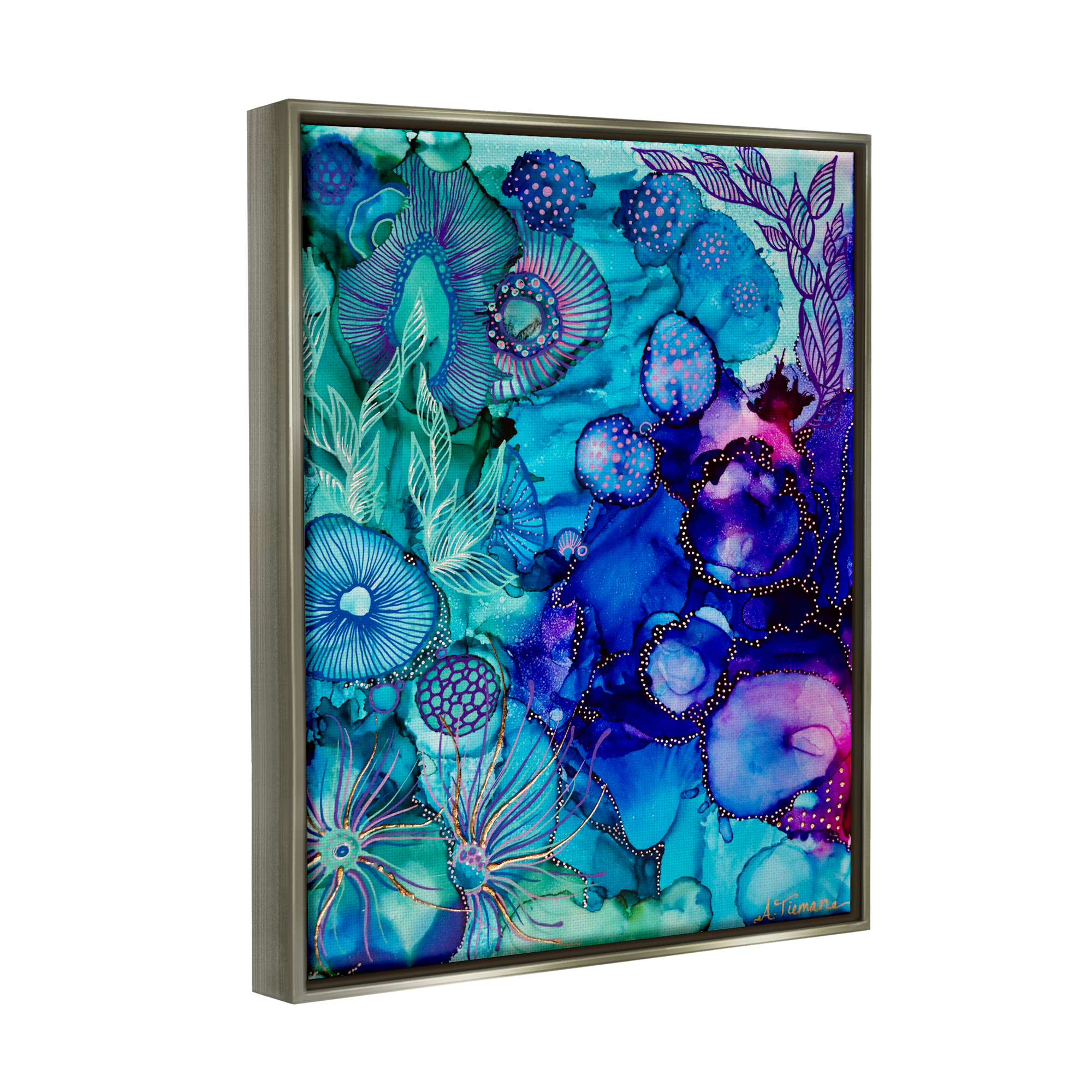 Stupell Industries Blue Modern Sea Life Abstract Painting Gray Floater Framed Canvas Art Print Wall Art, 25 x 31