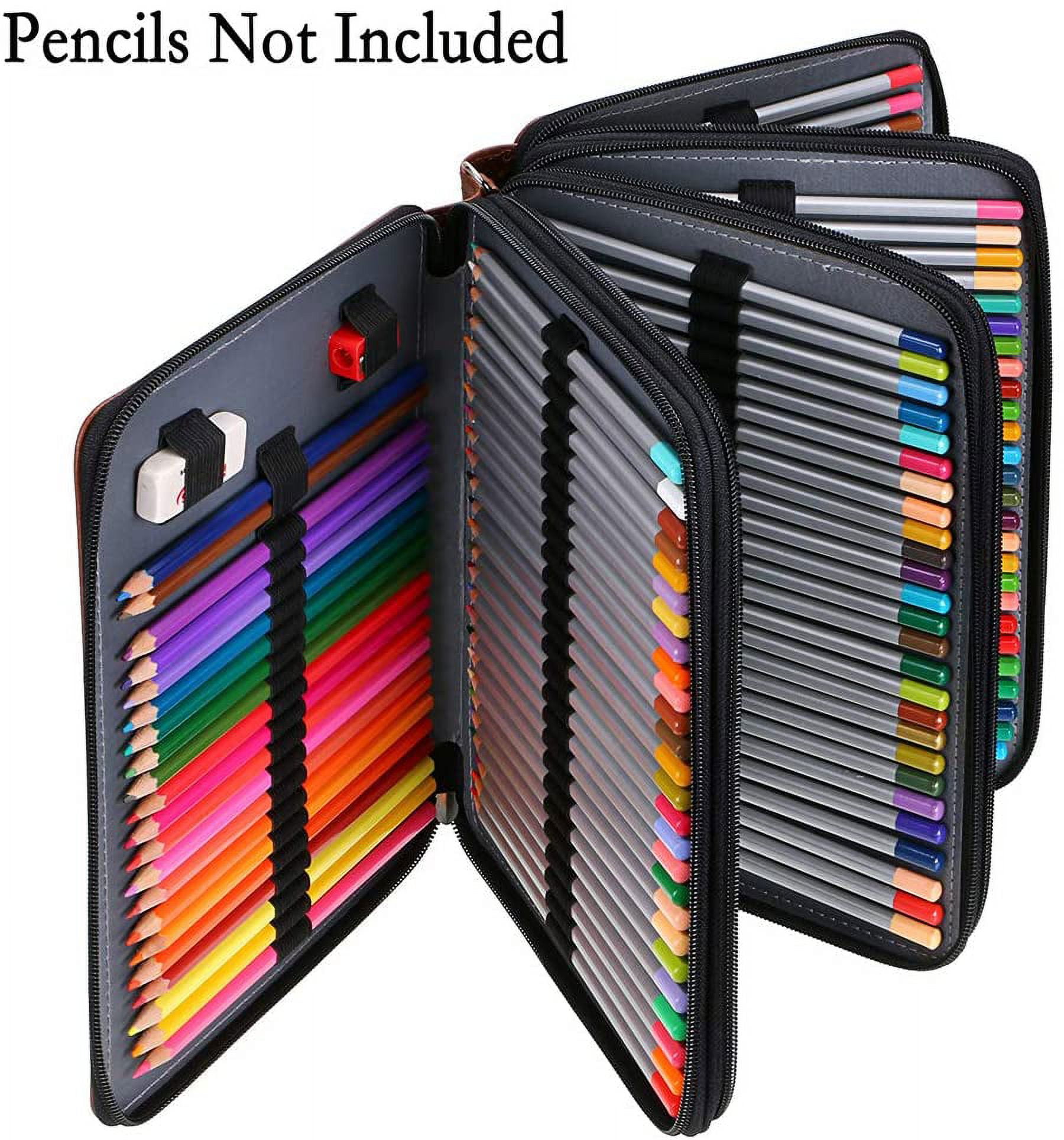 200 Slots Colored Pencil Organizer - Deluxe PU Leather Pencil Case Holder with Removal Handle Strap Pencil Box Large for Colored Pencils Watercolor Pencils Brown