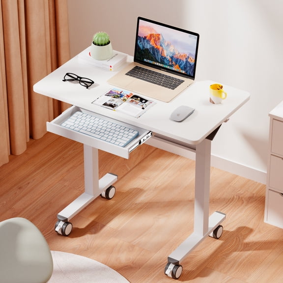 WHIFEA Mobile Standing Rolling Desk – White Sit Stand Up Desk with Drawer, Pneumatic Height Adjustment, Lockable Wheels, Adjustable Home Office Desk for Computer & Walking Pad