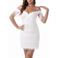 thumbnail image 3 of Jaimenalin Women'S Bodycon Dress Off Shoulder Fringe Tight Party Club Dress Fashion Evening Mini Gown White L, 3 of 9