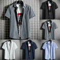 thumbnail image 6 of Men Solid Color Shirt Short Sleeve Button Up Top Cardigan Blouse Lapel Neck Top, 6 of 11
