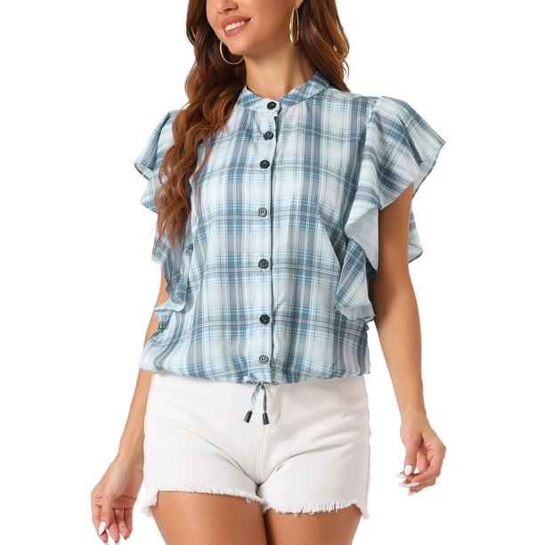Camisa de cuadros para mujer INSPIRE CHIC, casual, con volantes, de manga corta, con cordón, blusa de verano, gris azul L