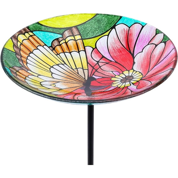 MUMTOP Glass Bird Bath with Metal Stake, Garden and Patio Decor and Butterfly & Flower Feeders