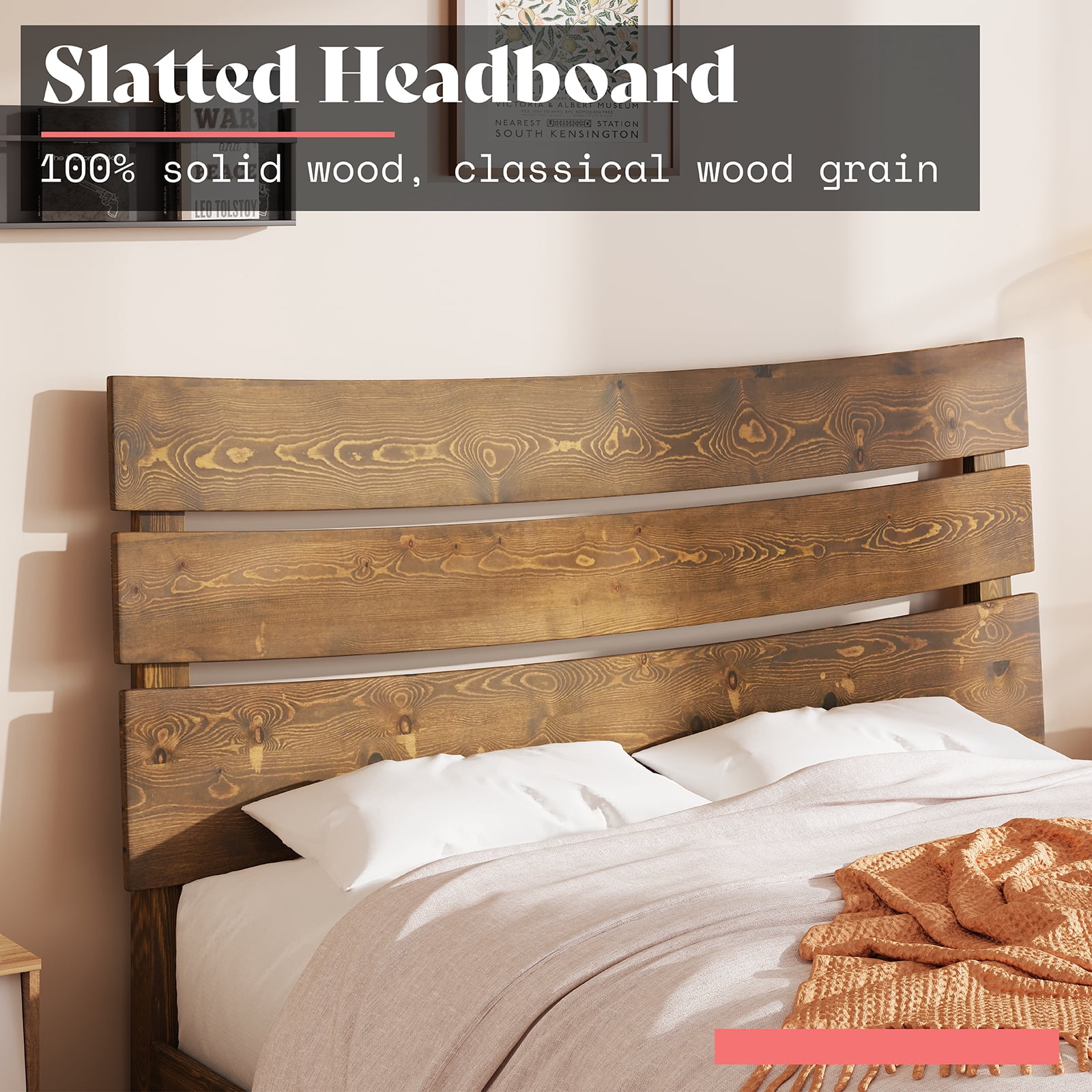 VanAcc Queen Size Solid Wood Bed Frame Platform with Wooden Headboard, Caramel