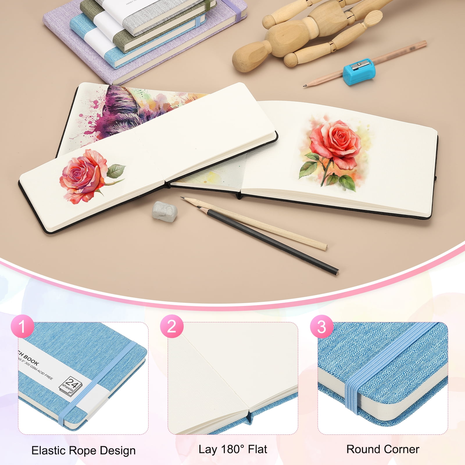 Uxcell 8.3x5.5" Square Watercolor Sketchbook, 2Pcs 24 Sheet 300gsm/140lb, Blue