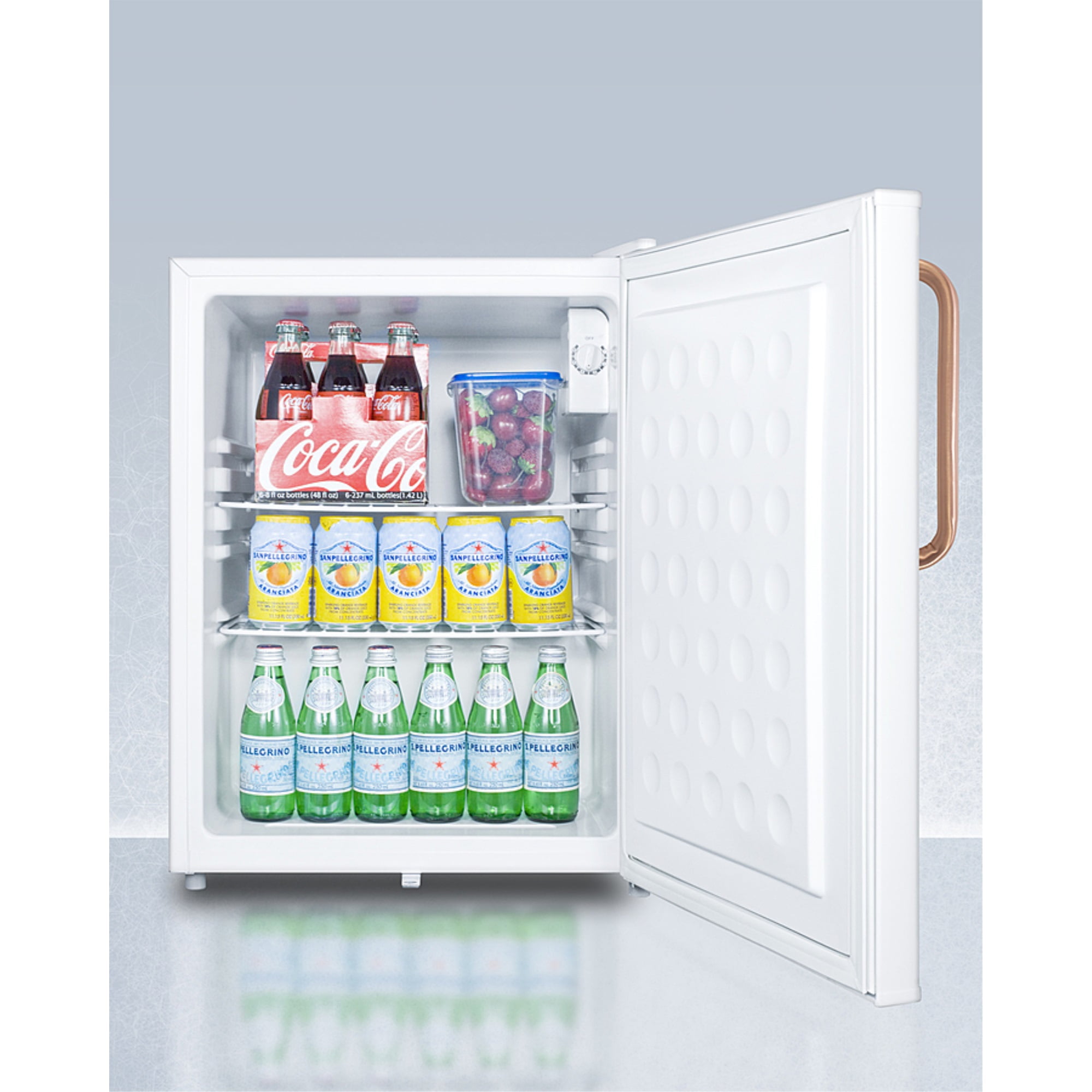 Compact all-refrigerator with automatic defrost, front-mounted lock, copper handle, and white finish