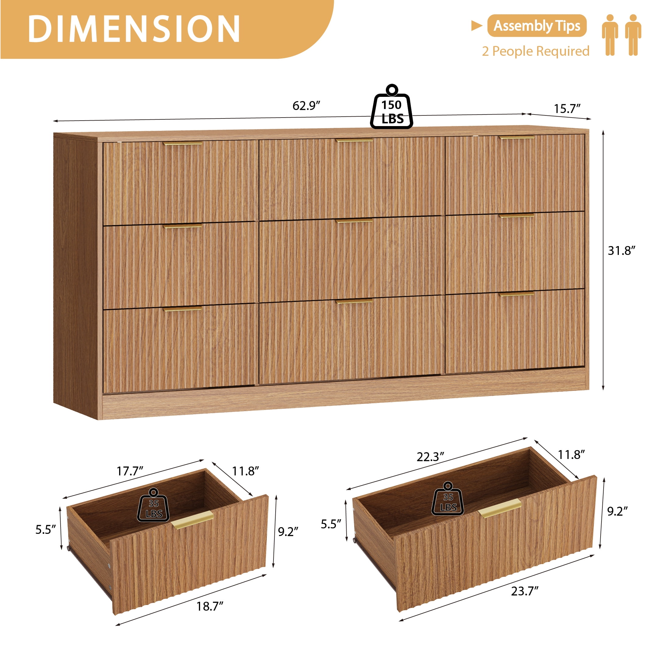 YouTrend Burlywood 9 Drawer Dresser for Bedroom,Modern Adult Fluted Wood Chest of Drawer with Golden Embedded Handles for Living Room,Hallway