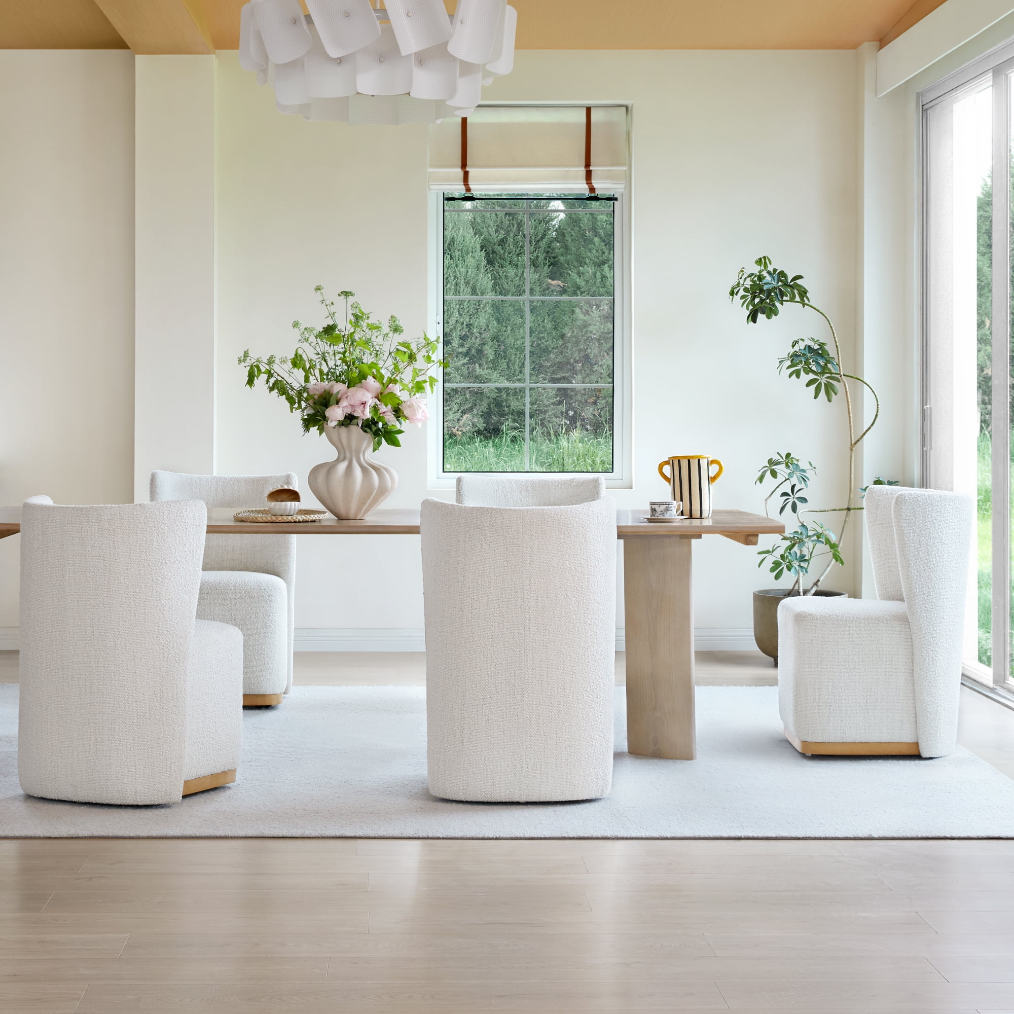 Spruce & Spring Modern Wingback Upholstered Dining Chair with Hidden Casters & Wood Base Set of 2, Pearl White