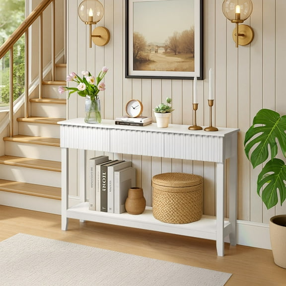 Modern White Console Table with 3 Drawers & Open Shelf, 51.2" Sofa Table for Entryway, Hallway, Behind Couch, MDF Construction, Handleless Design