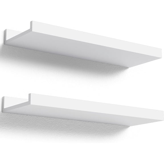 Wall Mounted Set of 2, Modern White Shelves for Bedroom, Nursery Shelves with Lip, Display Picture Ledge Shelf for Wall Decor Living Room Bathroom Kitchen - White