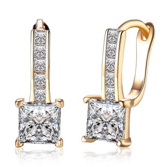 18K Gold Plated Princess Cut Daimond Hoop Earrings CZ Dangle Huggie Hoops for Womens
