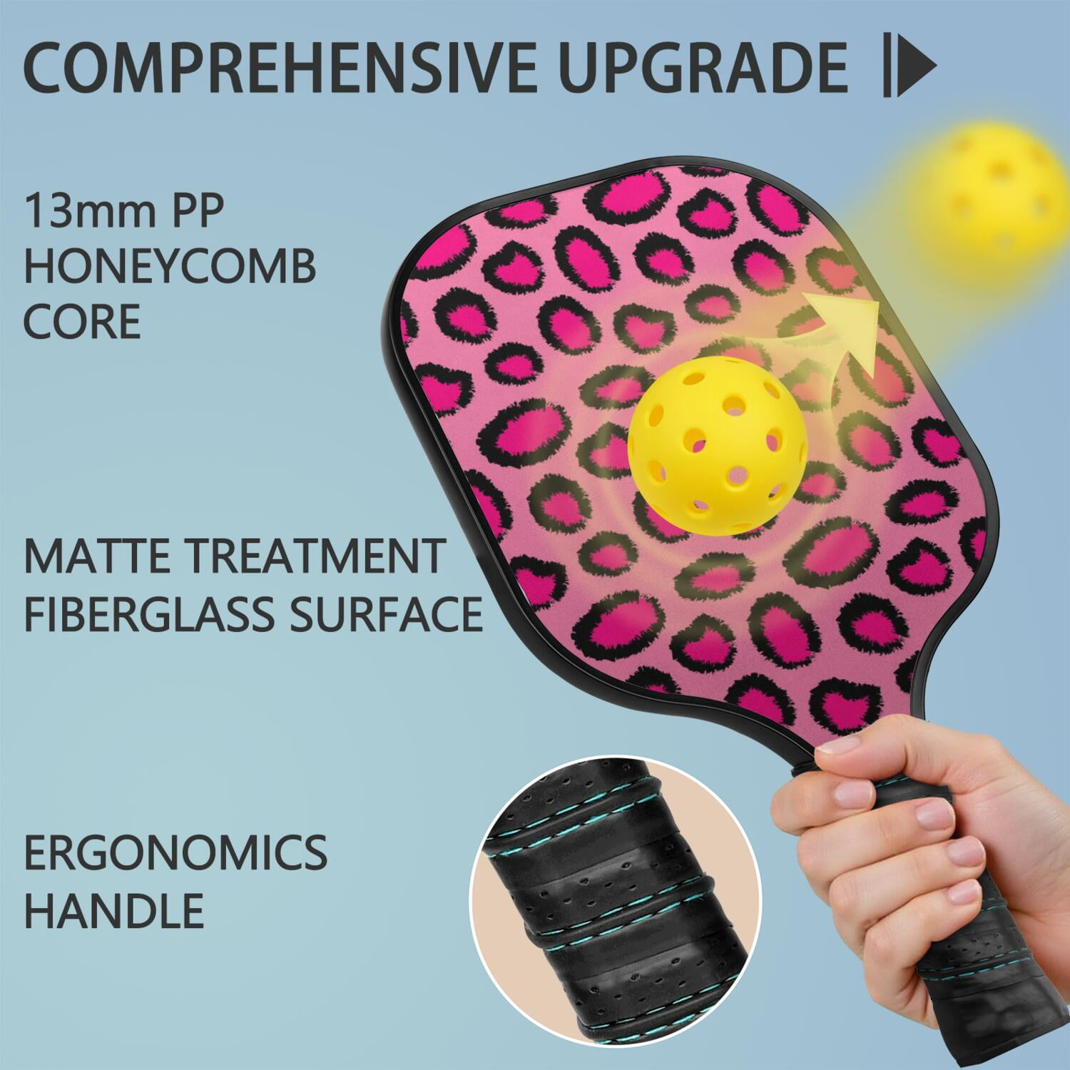 Pickleball Paddles Set Of 1, Fiberglass Surface, Animal, Leopard Print, 1 Paddle, 2 Balls & Bag