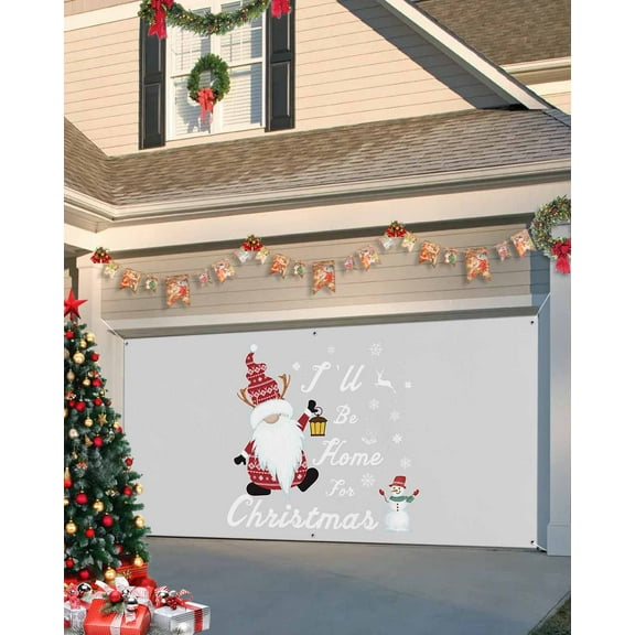 Garage Door Banner Cover 7 x 16 ft, Christmas Gnome,I'LL BE HONE FOR Christmas Snowflakes Snowman Grey Christmas Garage Door Decorations Holiday Christmas Decor for Winter New Year Xmas Party