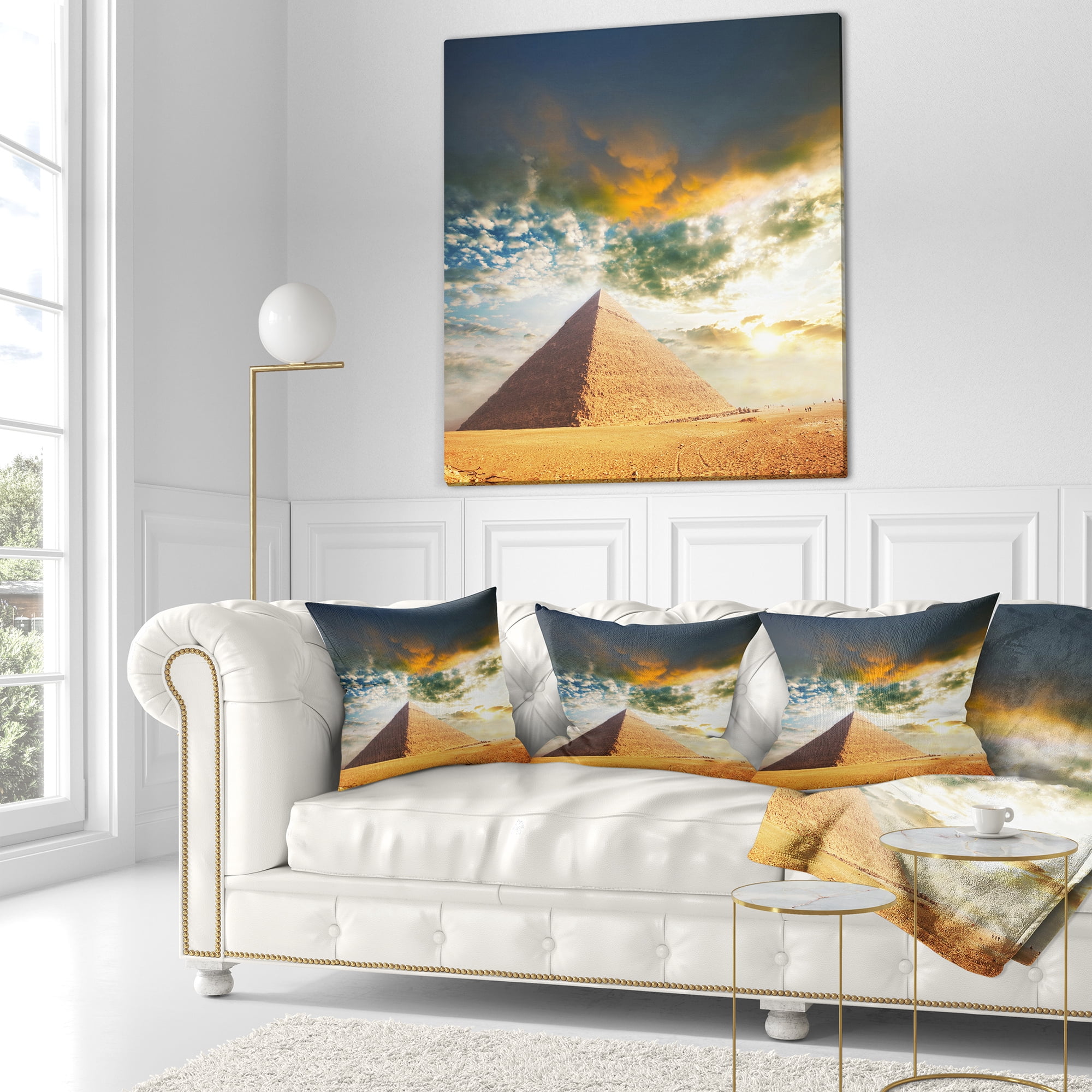 Designart Egyptian Pyramid under Cloudy Skies - Modern Landscape Printed Throw Pillow - 18x18