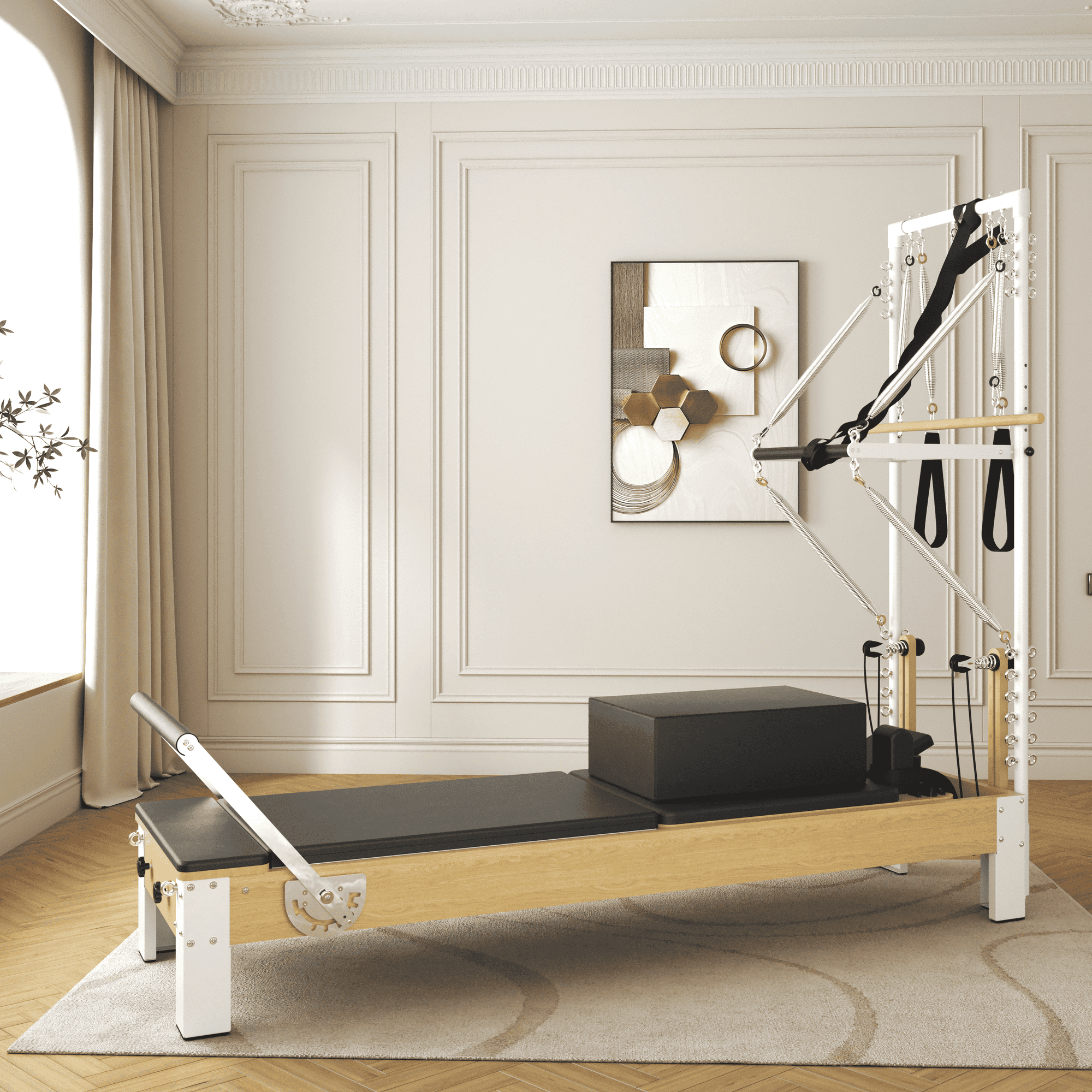 SYEDEE Pilates Reformer, Wooden Pilates Reformer Machine with Tower & Mat, Pilates Equipment for Home Workout and Studio, with Reformer Accessories, Sitting Box, Jump Board