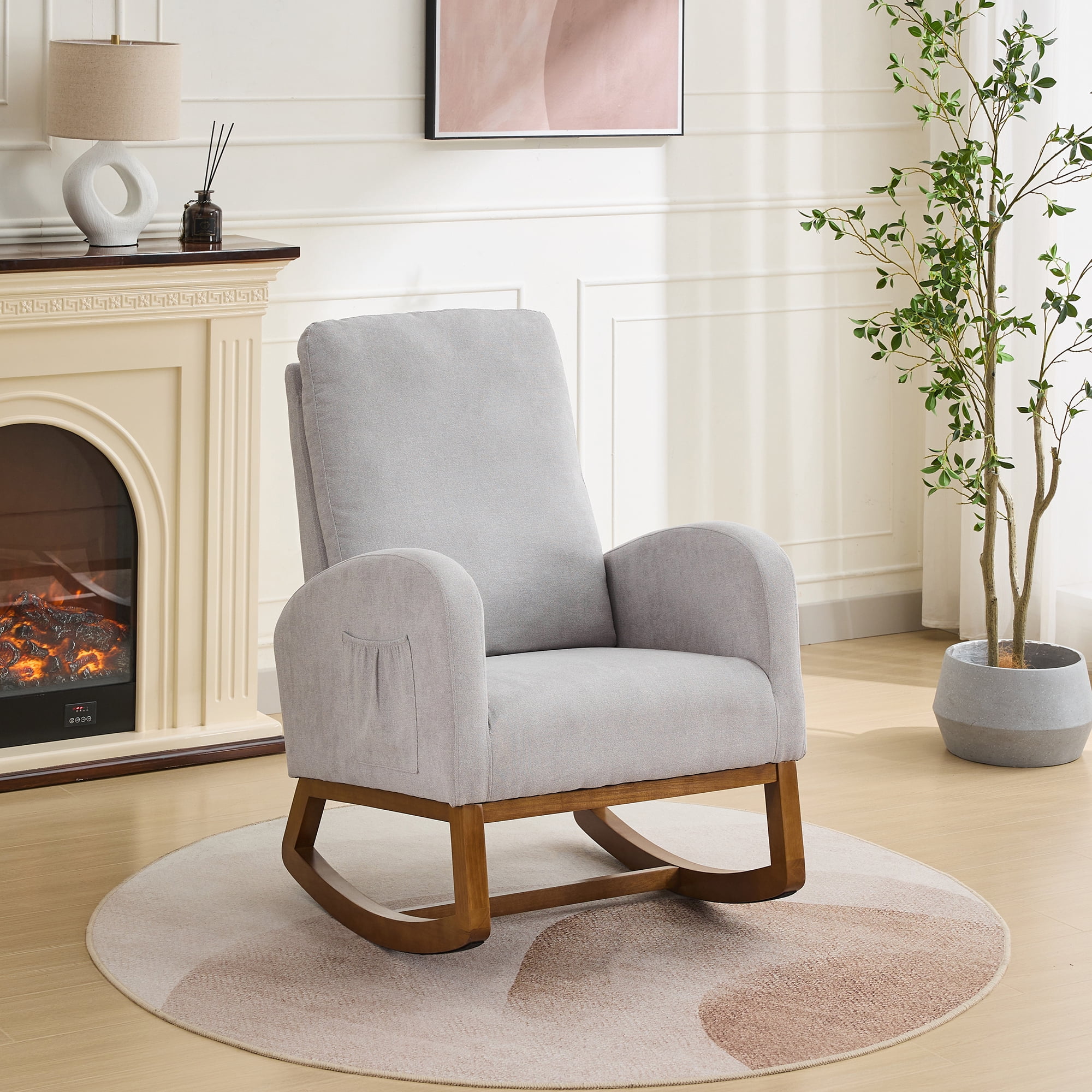27.2"W Rocking Chair for Nursery, Polyester Glider Chair with High Back and Side Pocket, Rocking Accent Armchair with Rubber Wood Legs for Living Room/Bedroom.Light Gray