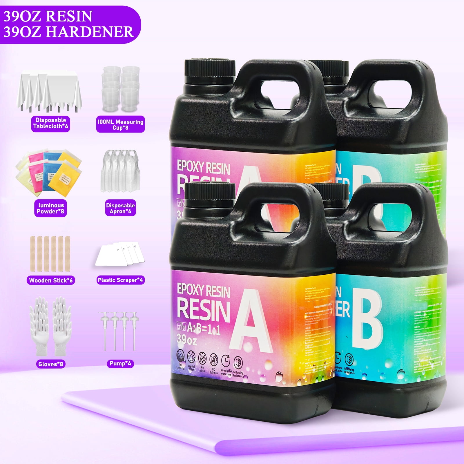 Epoxy Resin 156OZ With 4color powder, Newly Formulated Crystal Clear Epoxy Resin, Strong, Bubble-Free, Anti-Yellowing Art Resin That, Suitable for Casting, DIY, Molds, Jewelry, Easy to Mix 1:1 Ratio