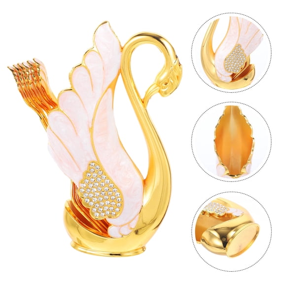 Pretyzoom 1Set Creative Golden Metal Swan Fork and Storage Holder Ideal for Home Kitchen Use