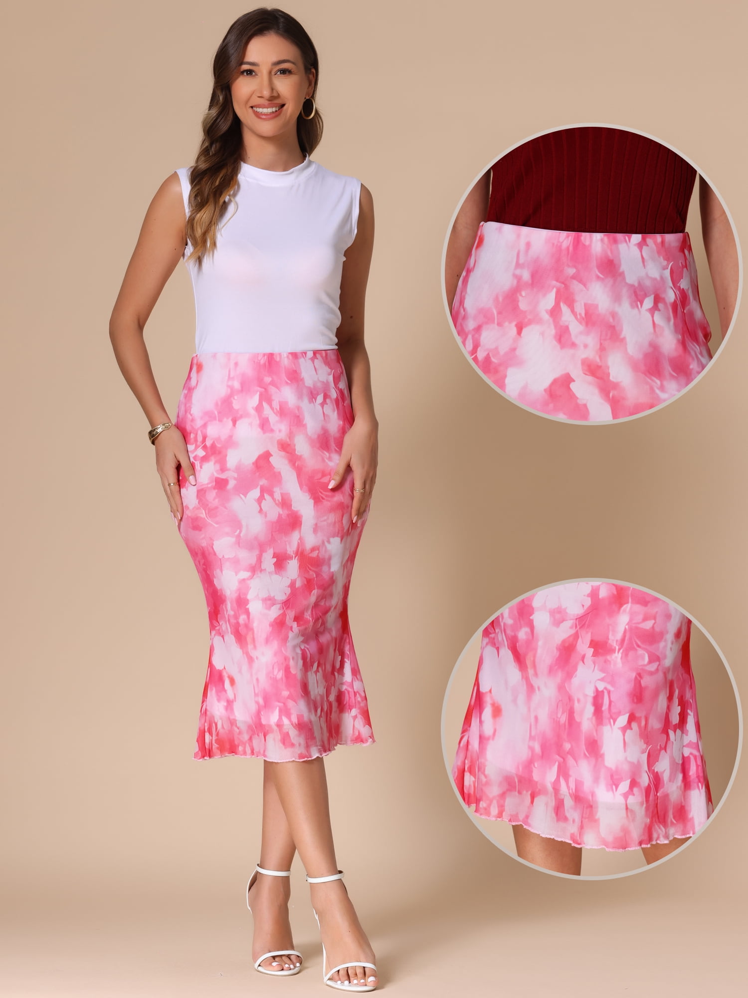 DARING DIVA Women's Summer Bohemian Tie Dye Fishtail Bodycon Midi Skirt XS Pink