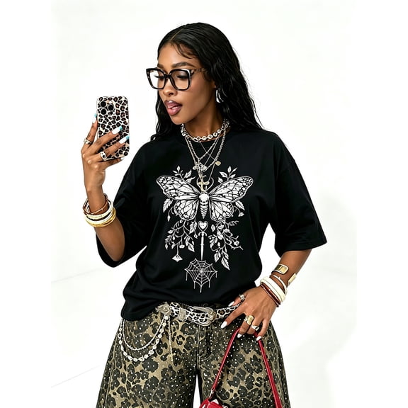 Women's Oversized Black T-Shirt with Mystical Moth and Web Graphic, Loose Fit Alt Streetwear Tee