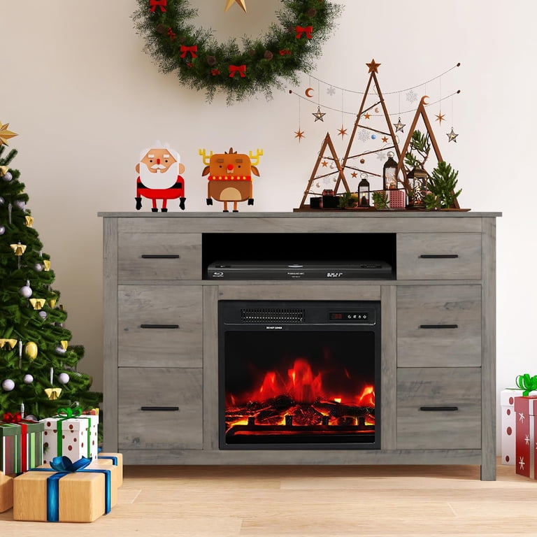 YIGOBUY Farmhouse Dresser with Fireplace - Wooden Dresser with 7 Drawers,  Storage Dressers Organizer for Bedroom, Living Room