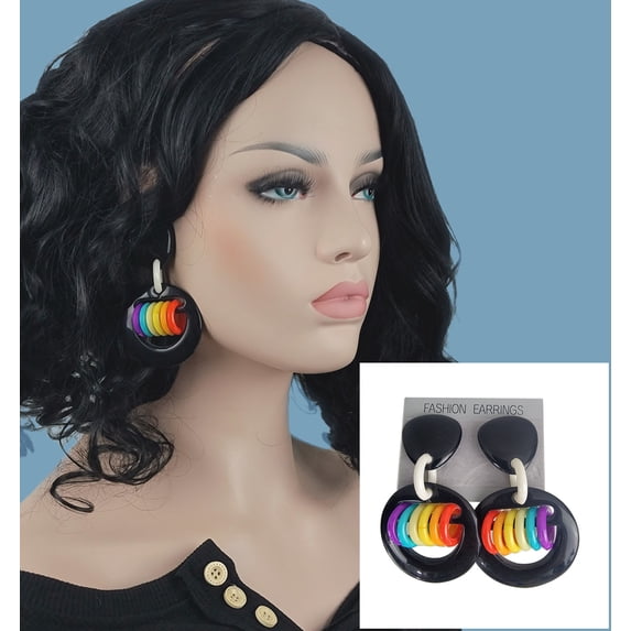 Large LGBTQ Pride Rainbow Middle 1980s Party Pierced Earrings 3 1/4" - Black