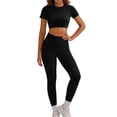 thumbnail image 6 of Bloomae Women 2 Piece Open Back Seamless Workout Sets Scrunch Booty Gym Leggings Cute Summer Short Sleeve Crewneck Built in Bra Crop Yoga Top Basic Solid Color Athletic Outfits Black M, 6 of 10