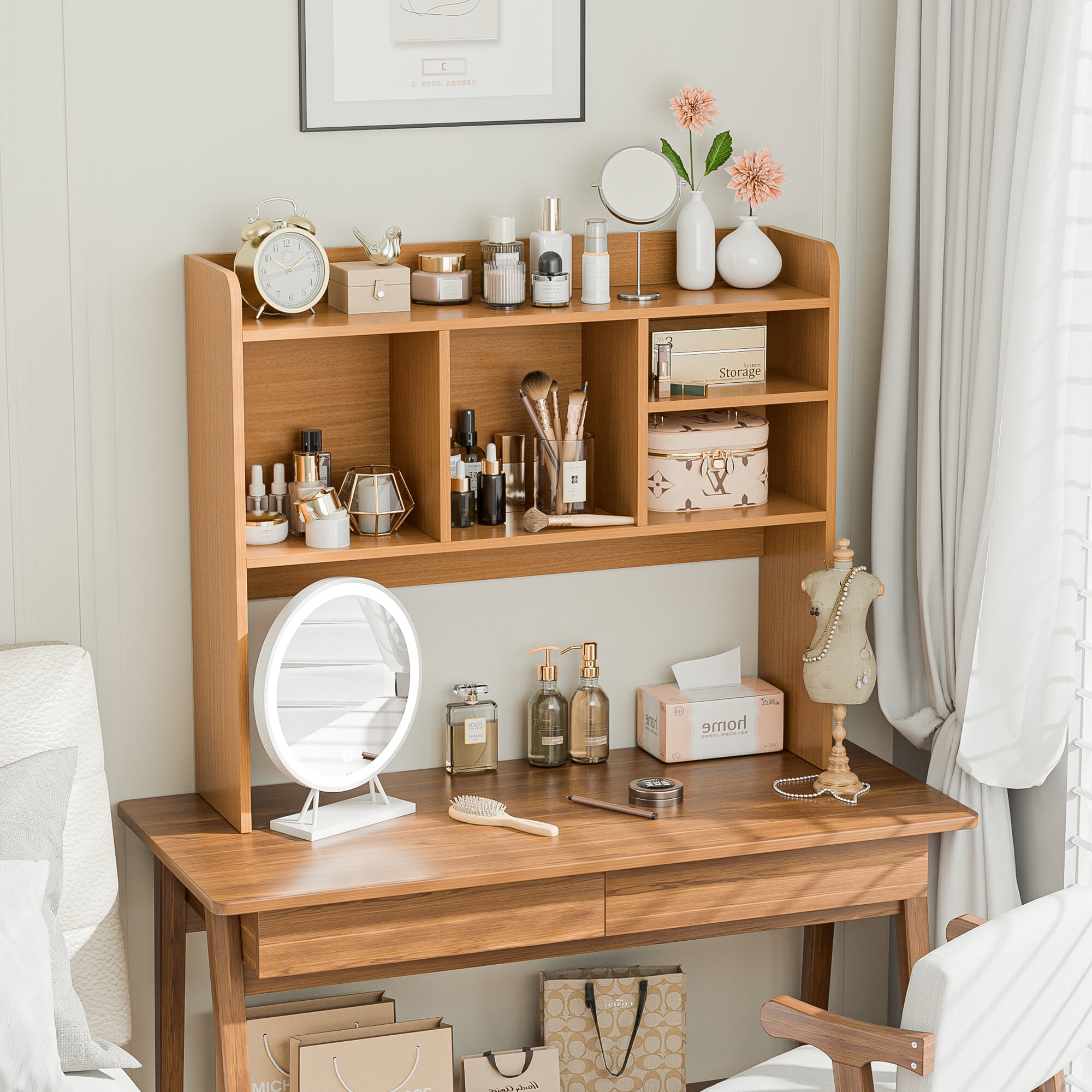 ZENY Desktop Bookshelf Storage Tabletop Display Hutch with 4 Shelves Wood Frame Freestanding Desk Organizer, Natural