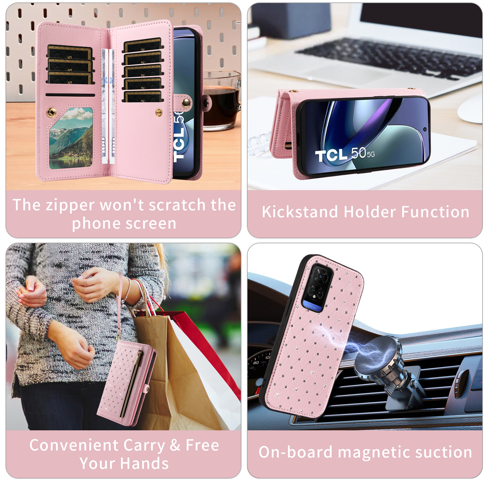 Asuwish Phone Case for TCL 50 5G/50 XE NXTPAPER/50 XE 5G Zipper Wallet Detachable Cell Cover with Tempered Glass Screen Protector Crossbody Lanyard Strap Glitter Flip Card Holder Slot Women Pink