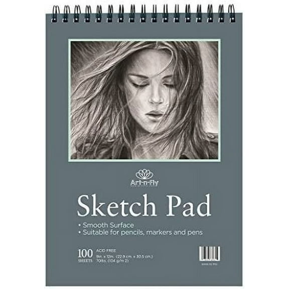 Art-n-Fly Premium Artists Sketchbook 9x12 - Spiral Bound, 100 Sheets, 70lb Acid-Free Paper