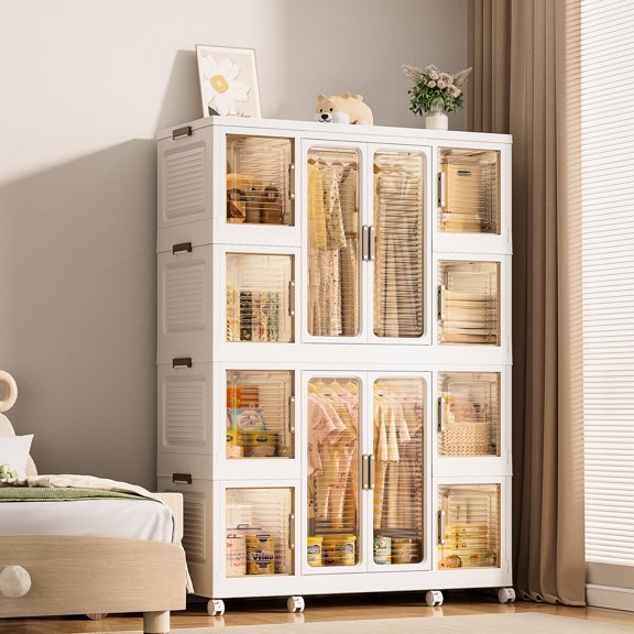 Portable Clothes Dresser Wardrobe Closet. 12 Magnetic Doors, & 2 Hanging Rods. Holds Quilts, , Sheets. Safe Pp Abs. Quick Setup. White Large Capacity For Sheets, And