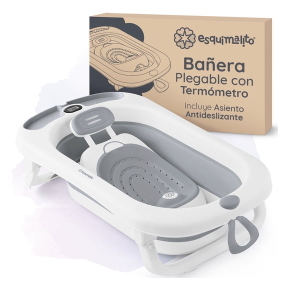Bañera para Bebé con Termómetro Esquimal, Tina de Baño Plegable con Asiento Antideslizante Gris