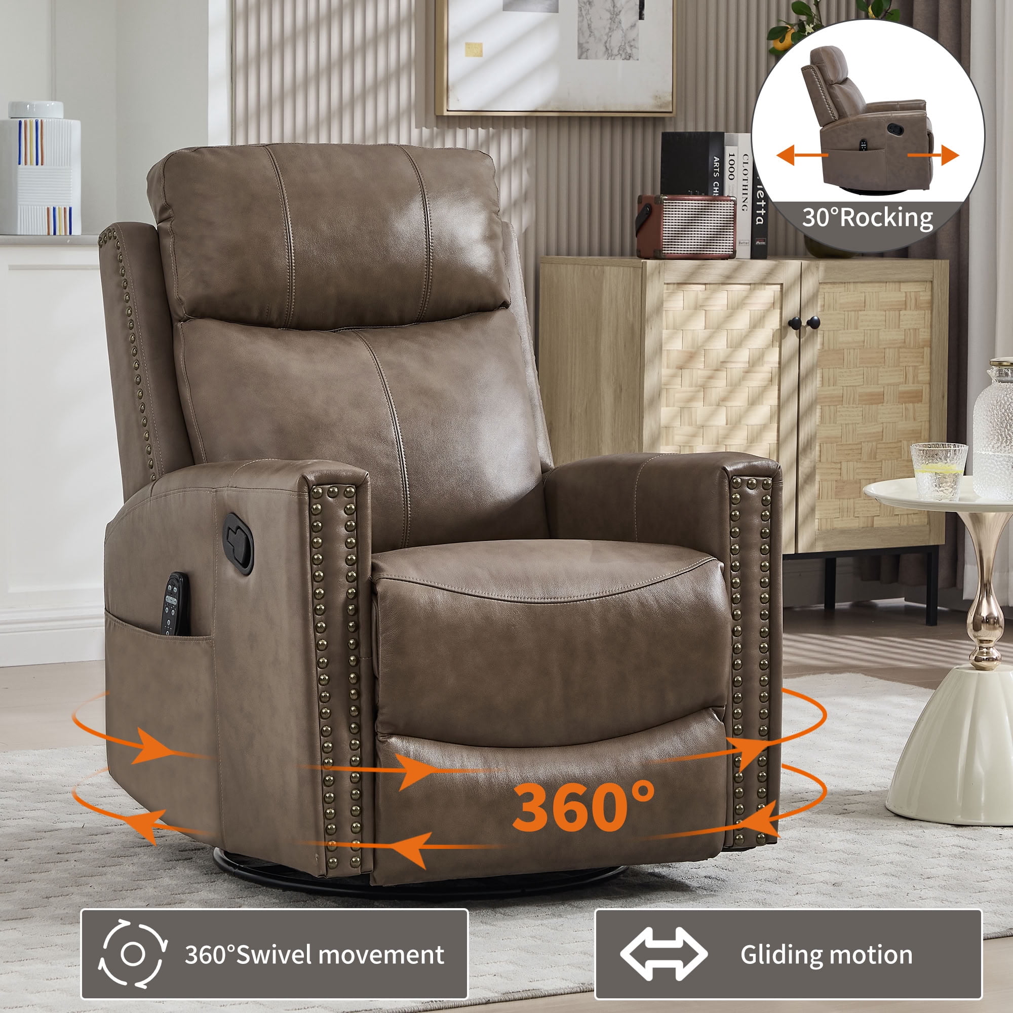 MAYEERTY Genuine Leather Swivel Recliner Chair, Manual Rocker Lounge Chair with 8-Point Massage & Lumbar Heat, for Living Room Home Theater