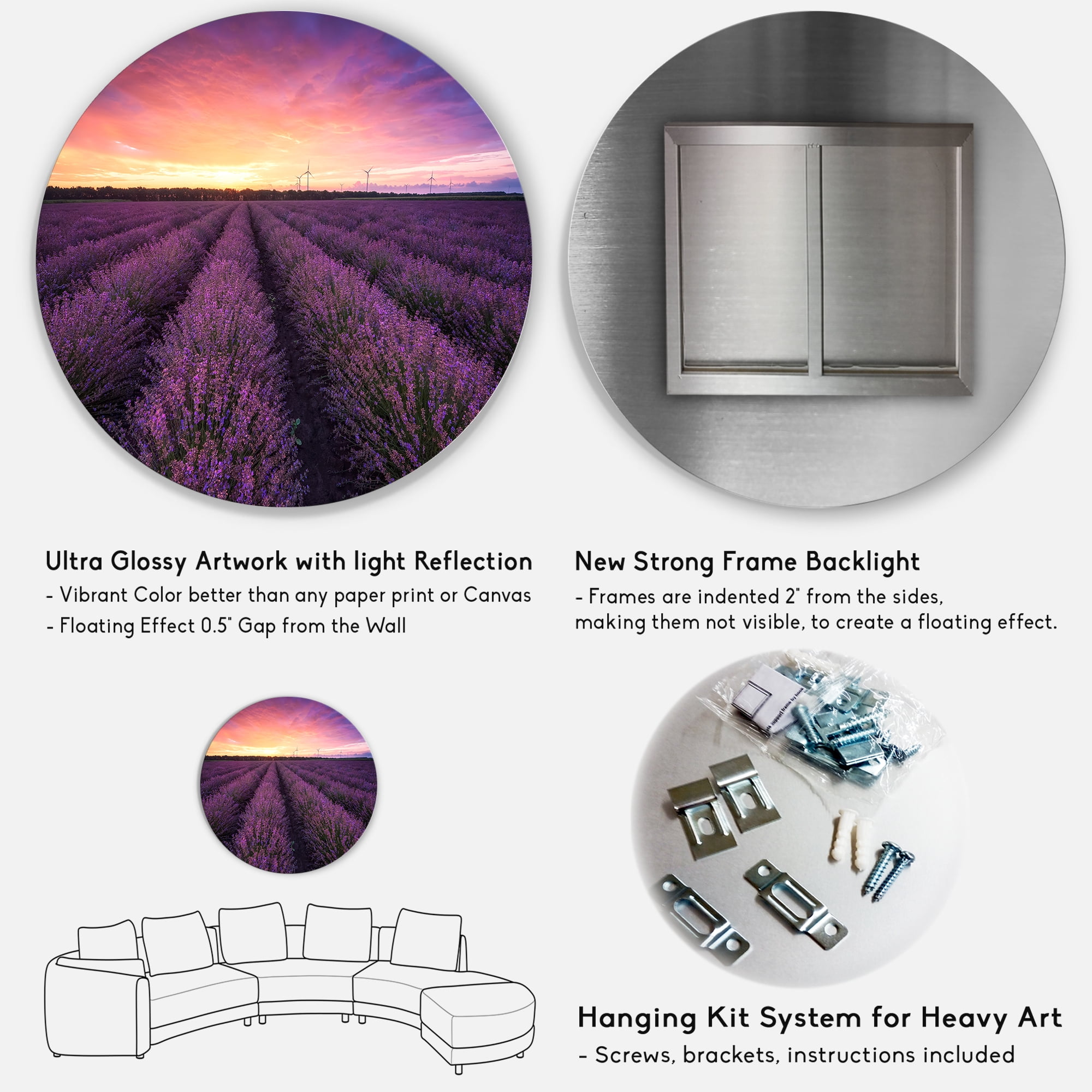 Designart 'Dramatic Clouds and Sunrise Over Lavender Field XIII' Farmhouse Circle Metal Wall Art 29x29 - Disc of 29
