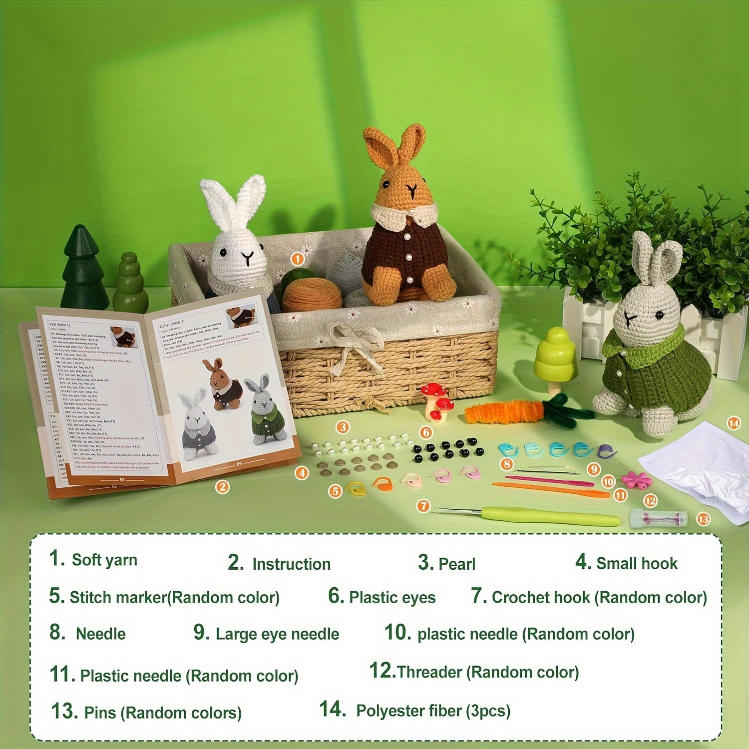 3pcs Crochet Kit for Beginners _ Rabbit Crocheting Animals Kits with Step-by-Step Video Tutorials - Knitting Supplies for Adults, Crochet Hooks Yarn DIY Craft Art