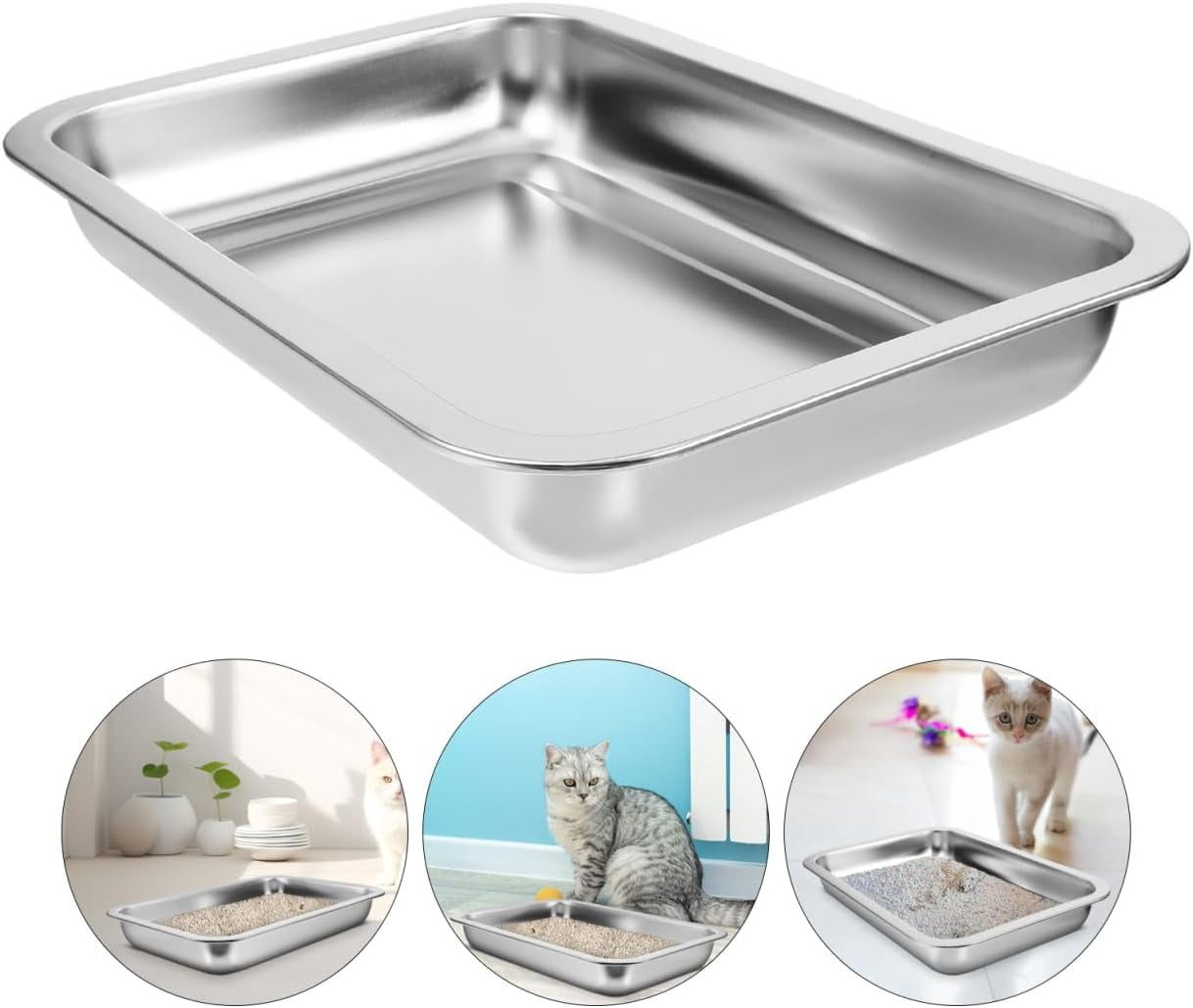 ABCISI Stainless Steel Cat Litter Box- Low Entry Litter Box for Small Cats Hamster Rabbits, Small Open Nonstick Metal Kitten Litter Tray, 31.50X21.50X4.50CM, Silver