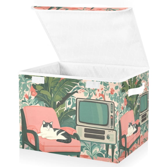Yayeee Collapsible Cube Storage Bin with Lid Fabric Closet Decorative Basket with Handles, Pink and White Cat