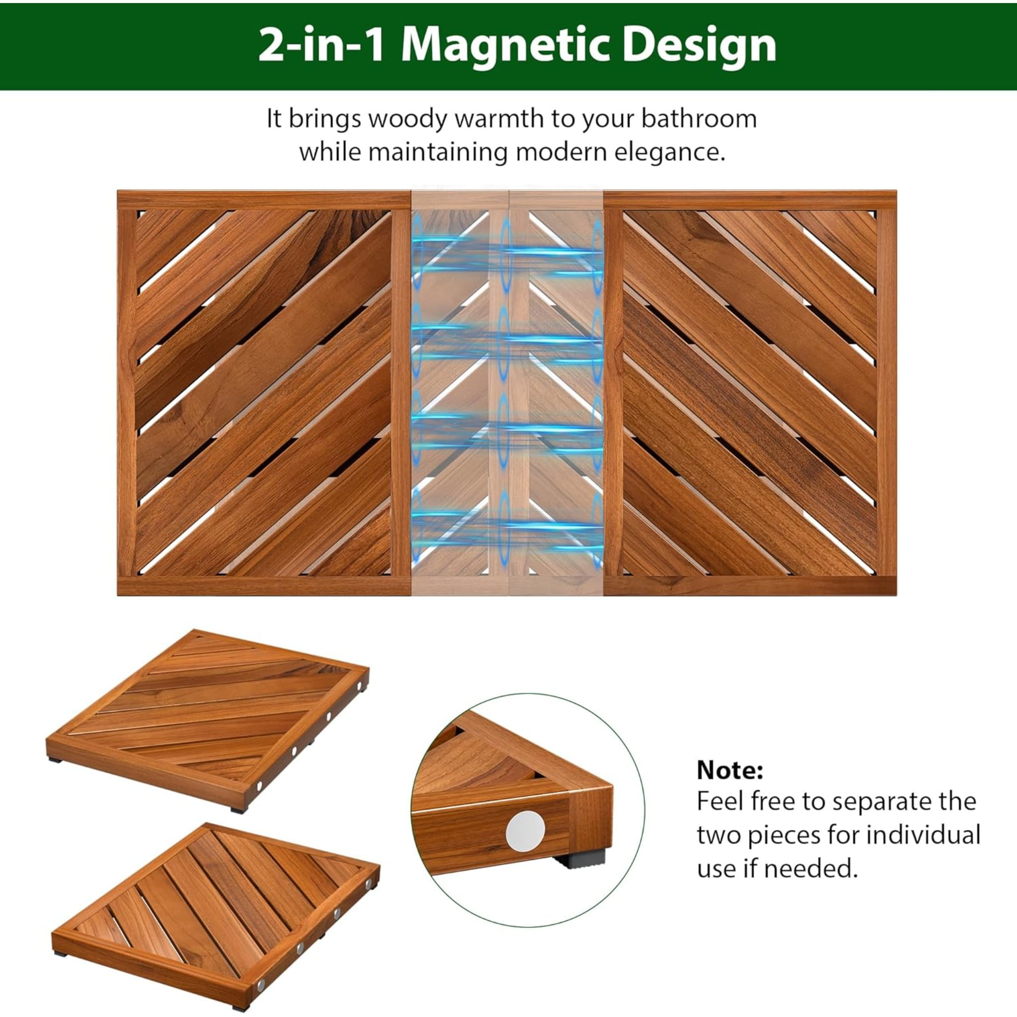 Teak Wood Bath Mat for Bathroom -  Non Slip Wooden Shower Mat Floor Sturdy Mats for Outside Inside Shower Luxury Spa Home or Outdoor, Teak Wood Bath Rug, Water Resistant, Bathroom Rugs & Bath Mats
