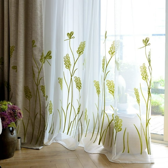 Melodieux Wheat Embroidery Sheer Curtain For Bedroom Living Room Farmhouse Style Rod Pocket Voile Drape White/Green 52 By 96 Inch (1 Panel)