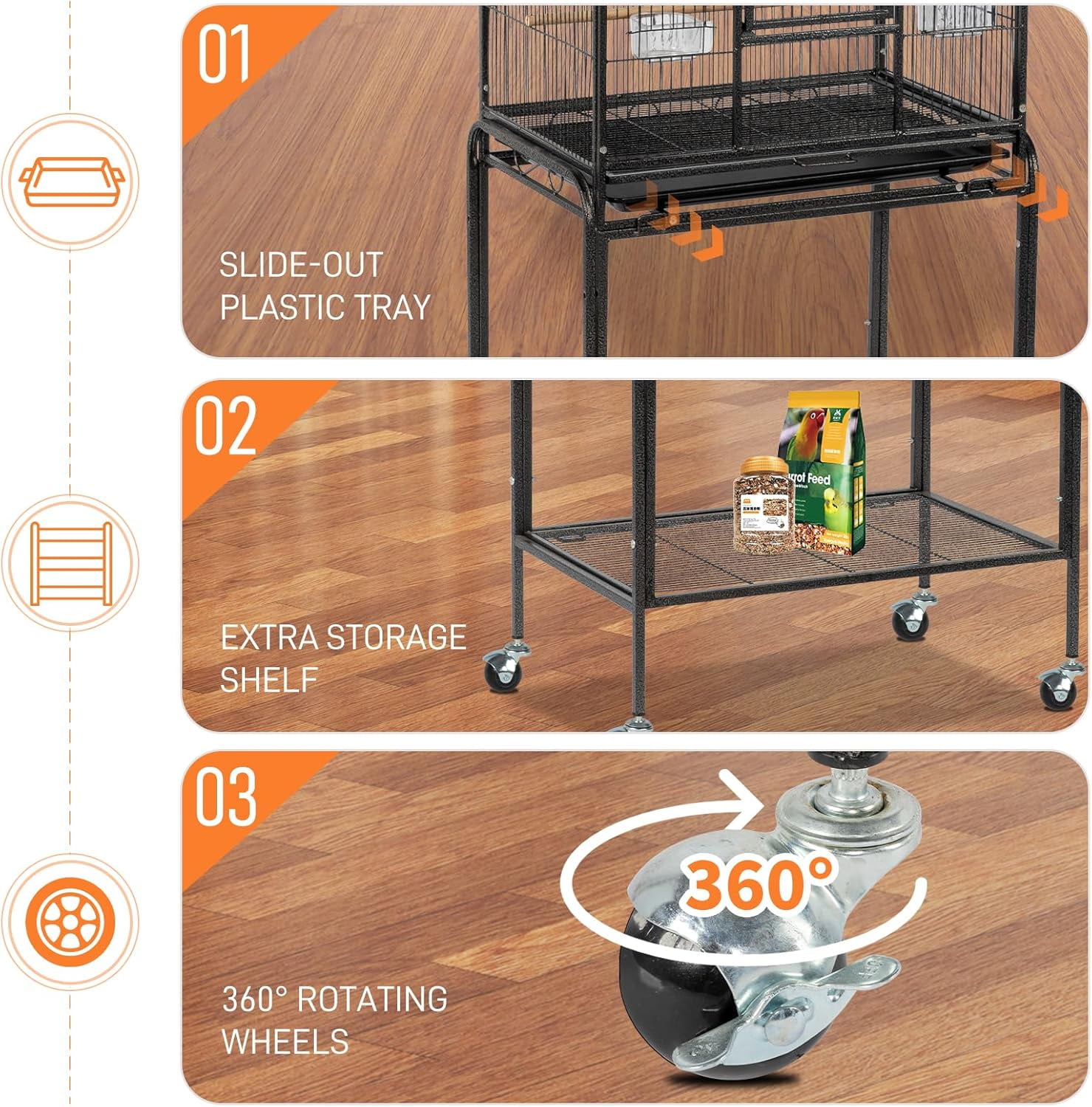 53-inch Bird Cage with Wheels, Durable Wrought Iron Parakeet Cage with Slide Out Tray, Black Bird Cages for Parakeets/Lovebird/Cockatiels/Budgies and Other Small/Medium Birds (Large-53 inch)