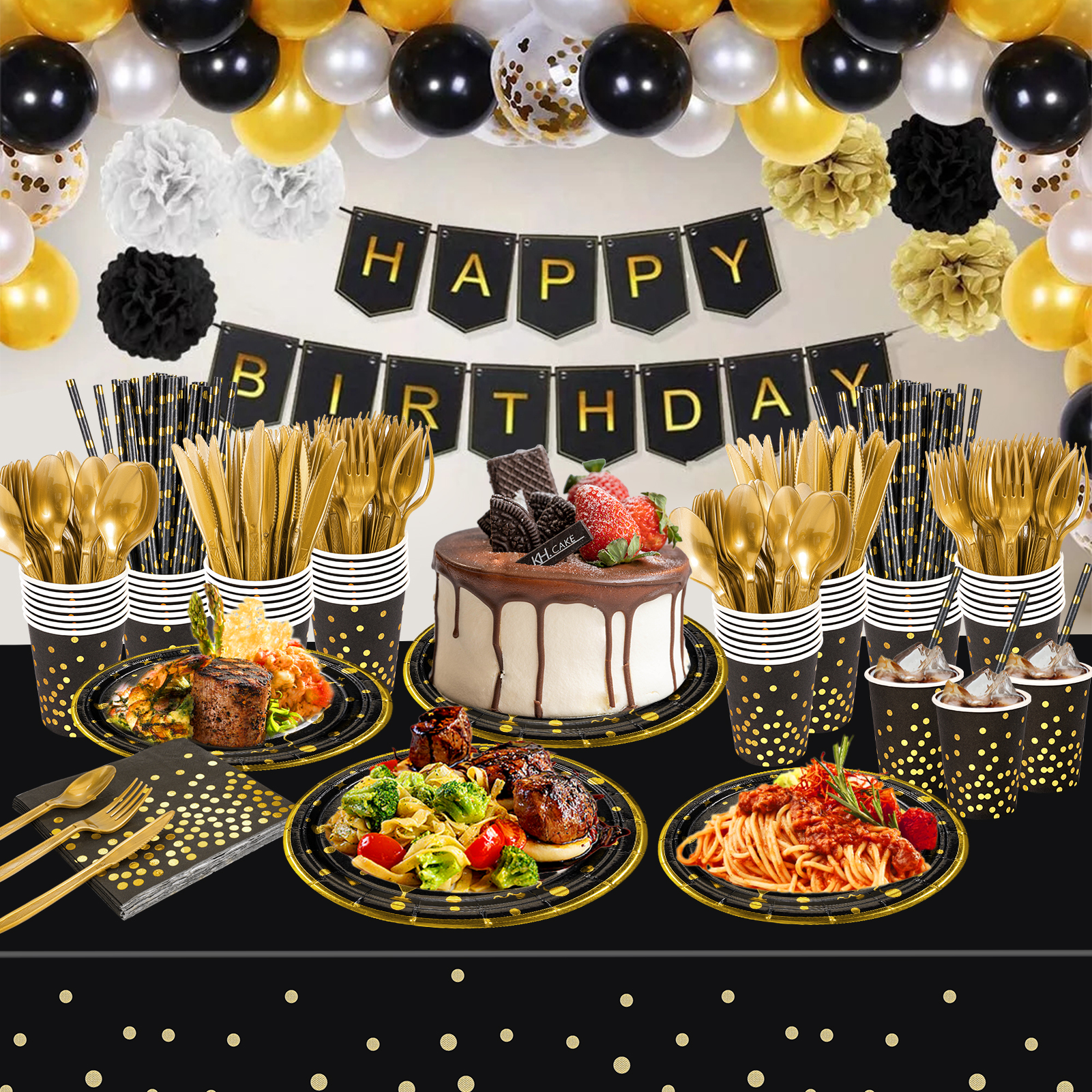 VETPW 201-Piece Black and Gold Tableware Party Set photo 3