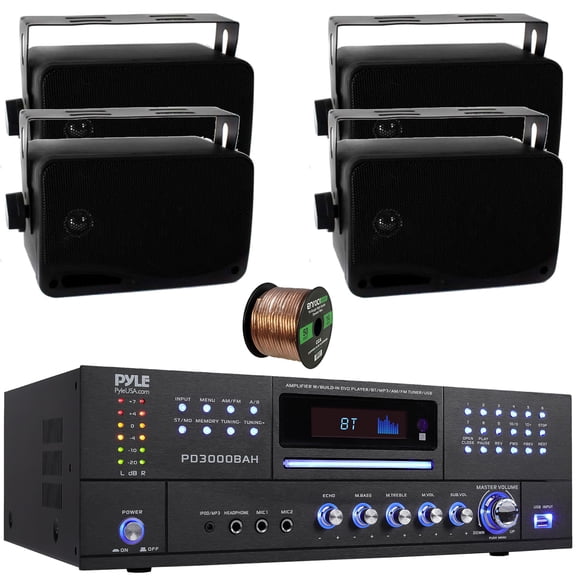 Pyle PD3000BAH 4-Channel 4000W Bluetooth Home Audio Amplifier Receiver – HDMI, USB, FM Radio, CD/DVD Player 2 Microphone, 4x 3.5'' 200W Max Power 3-Way Indoor/Outdoor Wall Mount Black Speakers W/Wire