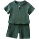 thumbnail image 3 of MYGBCPJS Conjunto de 2 piezas de ropa de lino y algodón sólido para niños y niñas, camiseta de manga corta + pantalones cortos de cintura elástica, 3 of 5