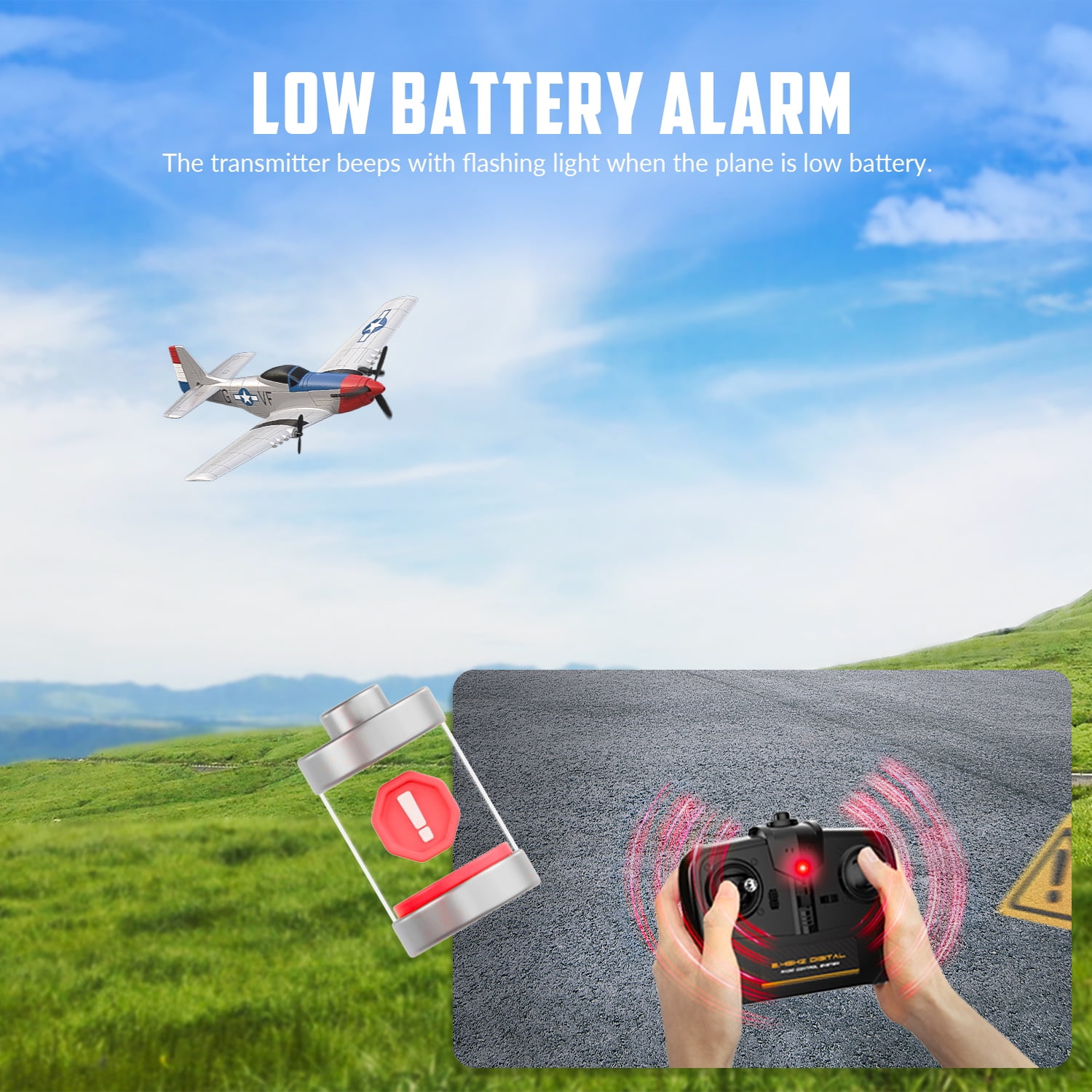 Bruce&Shark RC Plane, 3-CH P-51D Mustang Remote Control Airplane for Adults, 6-Axis Gyro, Easy to Fly, Suitable for Outdoor Activity