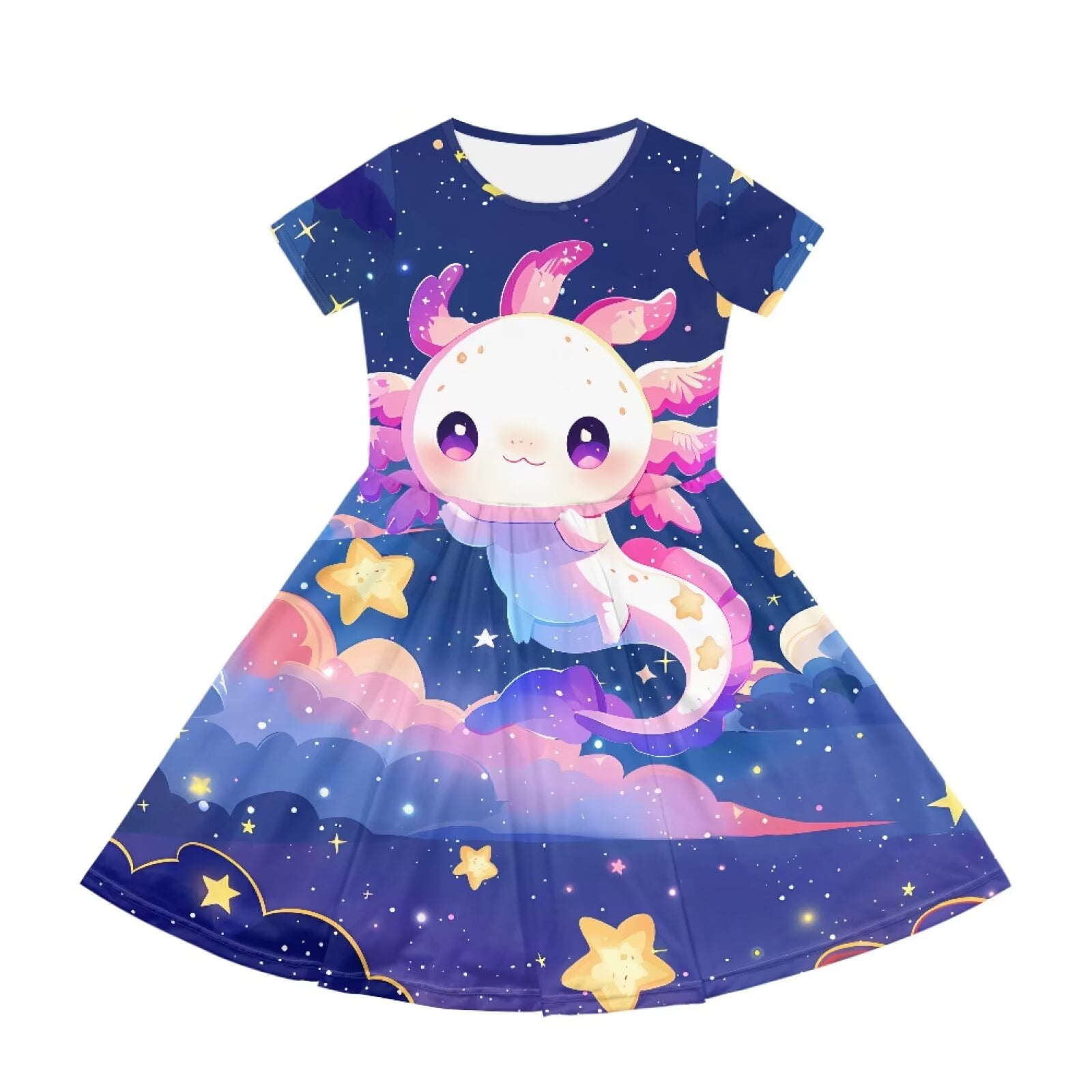 Uourmeti Axolotl Summer Dresses for Teen Girls Cute Short Sleeve Swing Dress Galaxy Lightweight Soft Crew Neck Midi Dresses Casual Beach Dress with Pockets