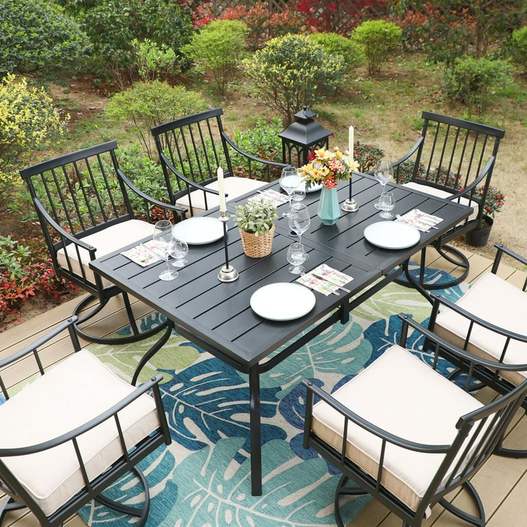 MF Studio 6 Person Outdoor Rectangular Metal Dining Table with Umbrella Hole All Weather Resistance Black